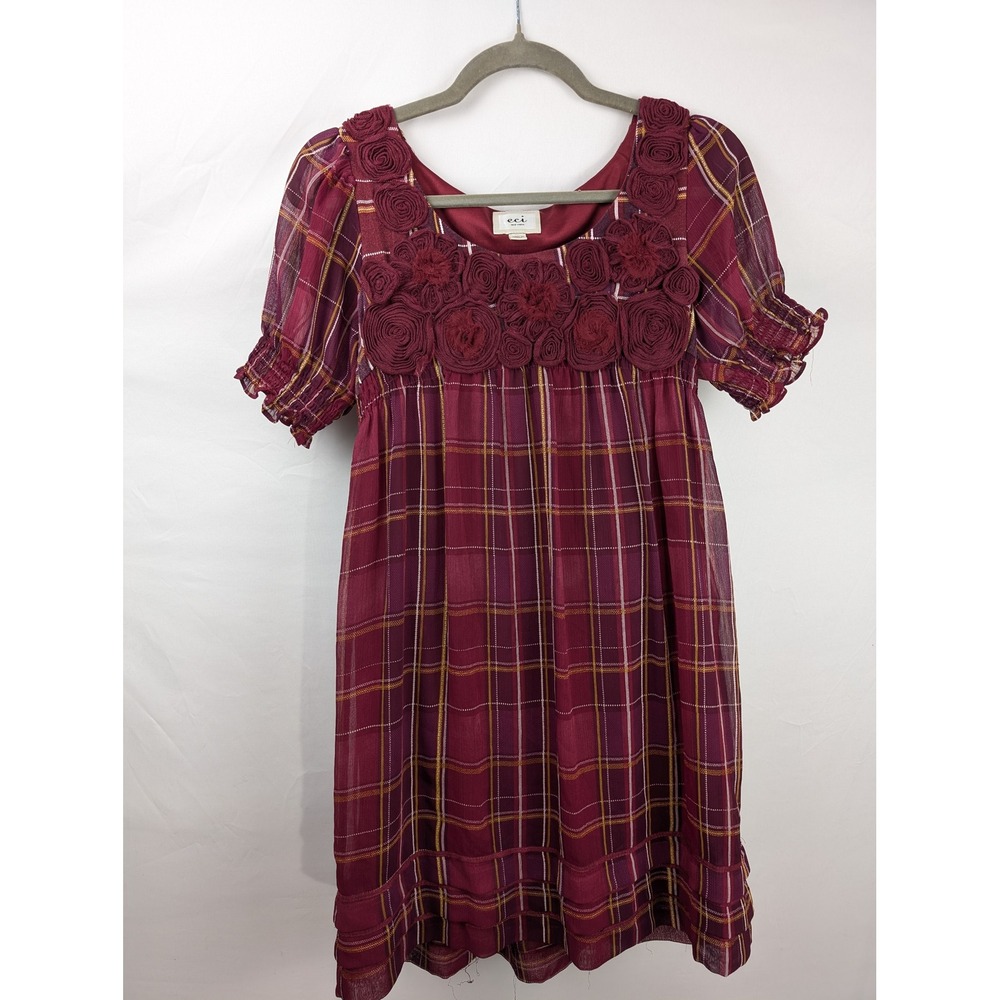 Floral Plaid Sheer Empire Waist Mini Dress Size XL Red Preppy Dark Academia Y2K